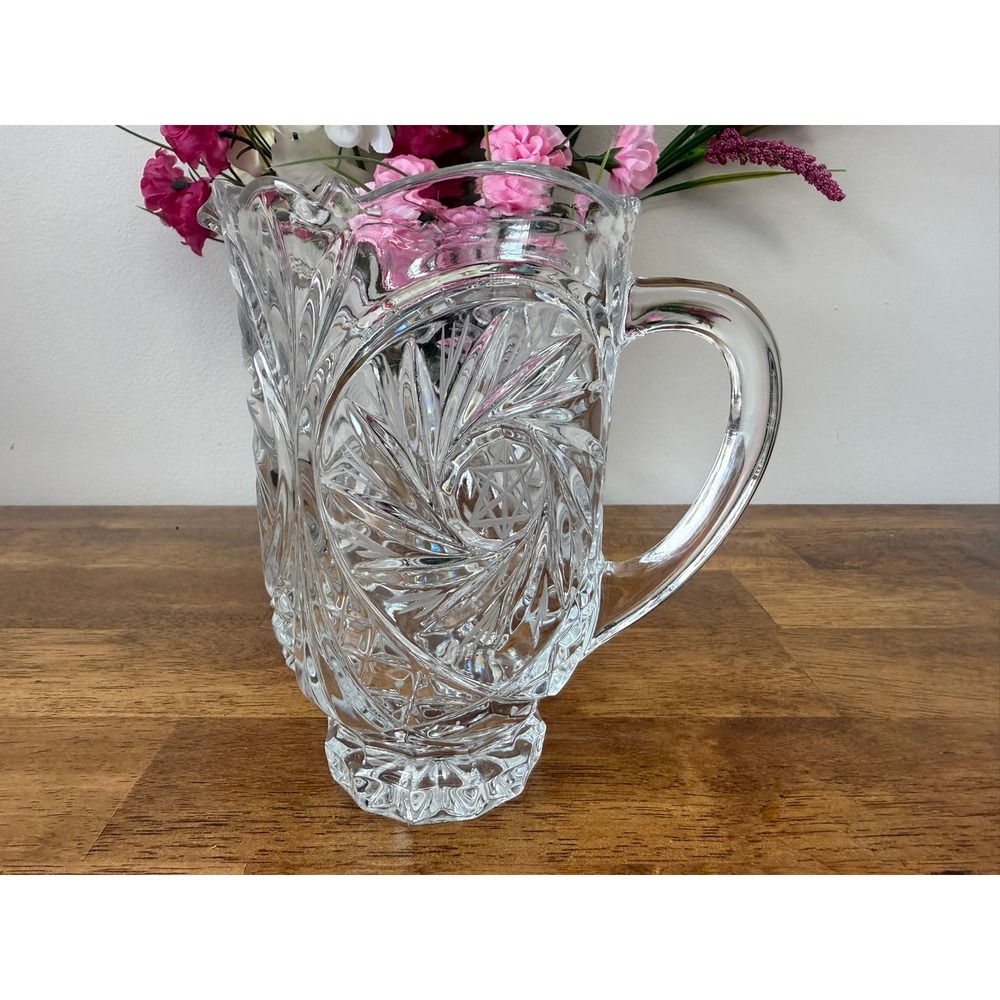 Vintage Cut Crystal Pitcher Starburst Pattern Heavy‎ Glass Water Jug Barware